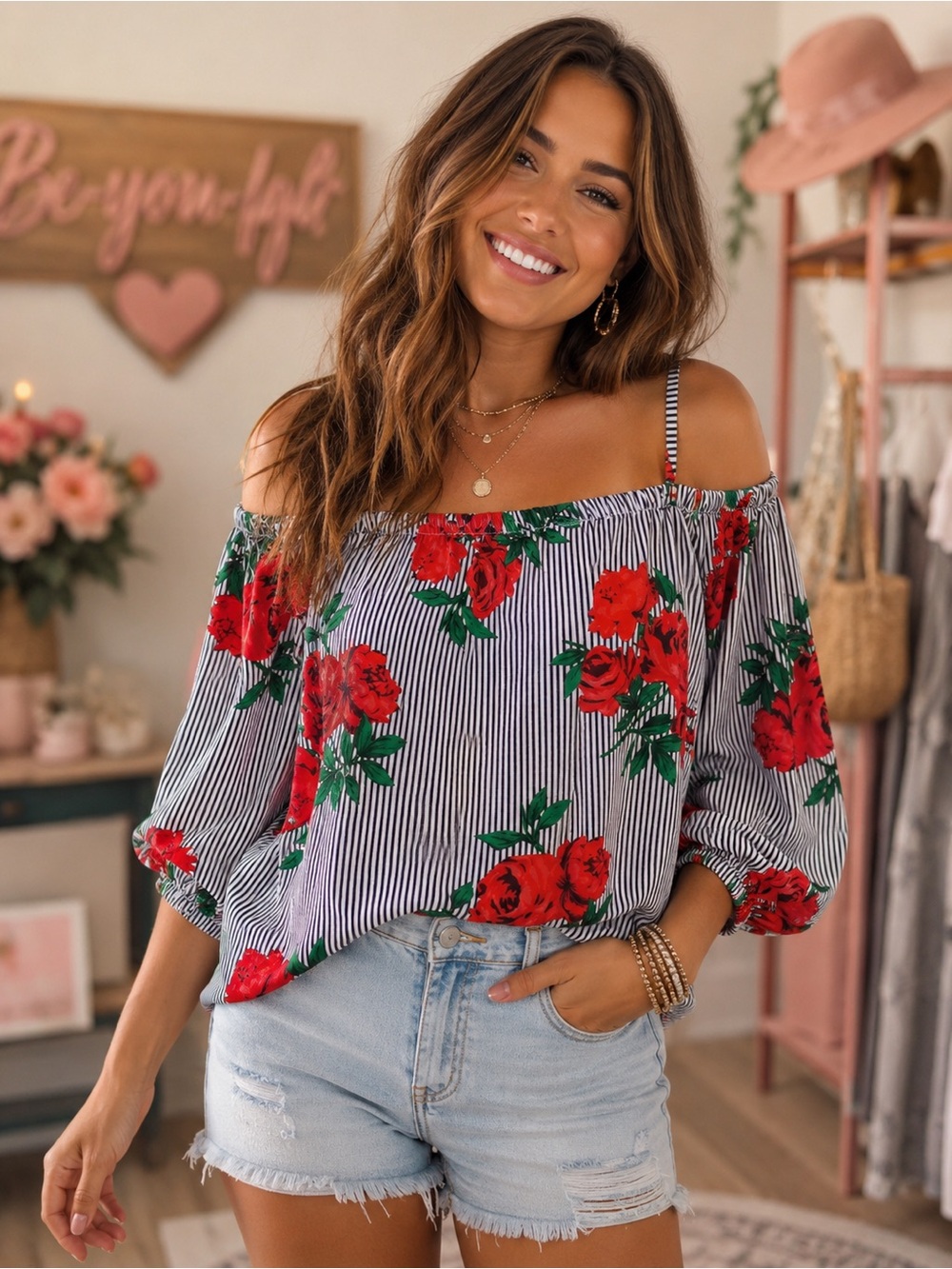 Off-Shoulder Floral Stripe Camisole - Red Floral
